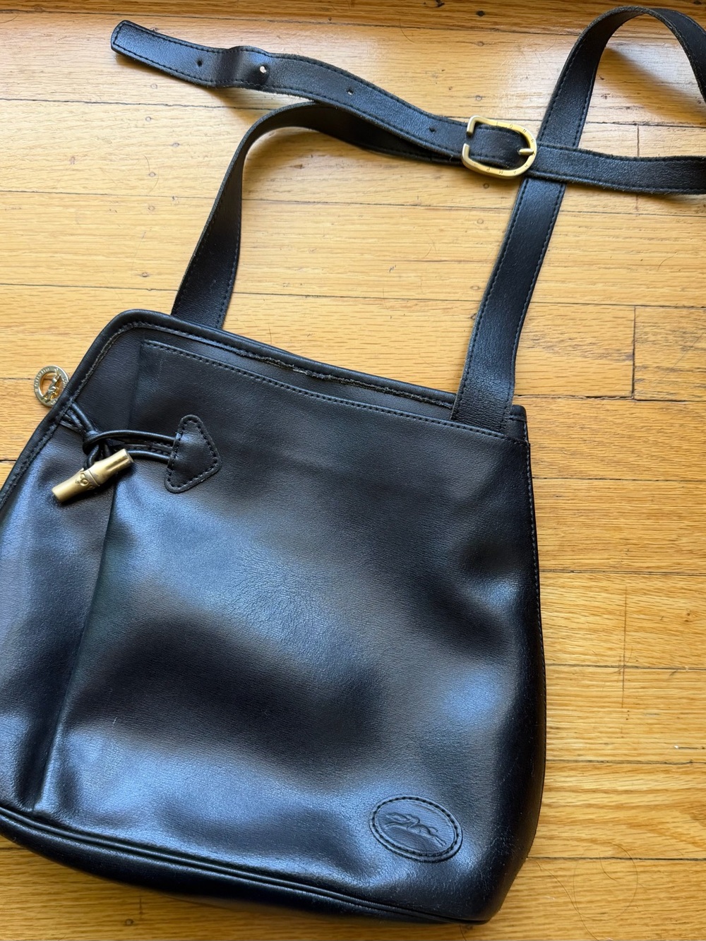 Vintage Longchamp Paris Roseau Leather Bucket Shoulder Bag Made in France Black